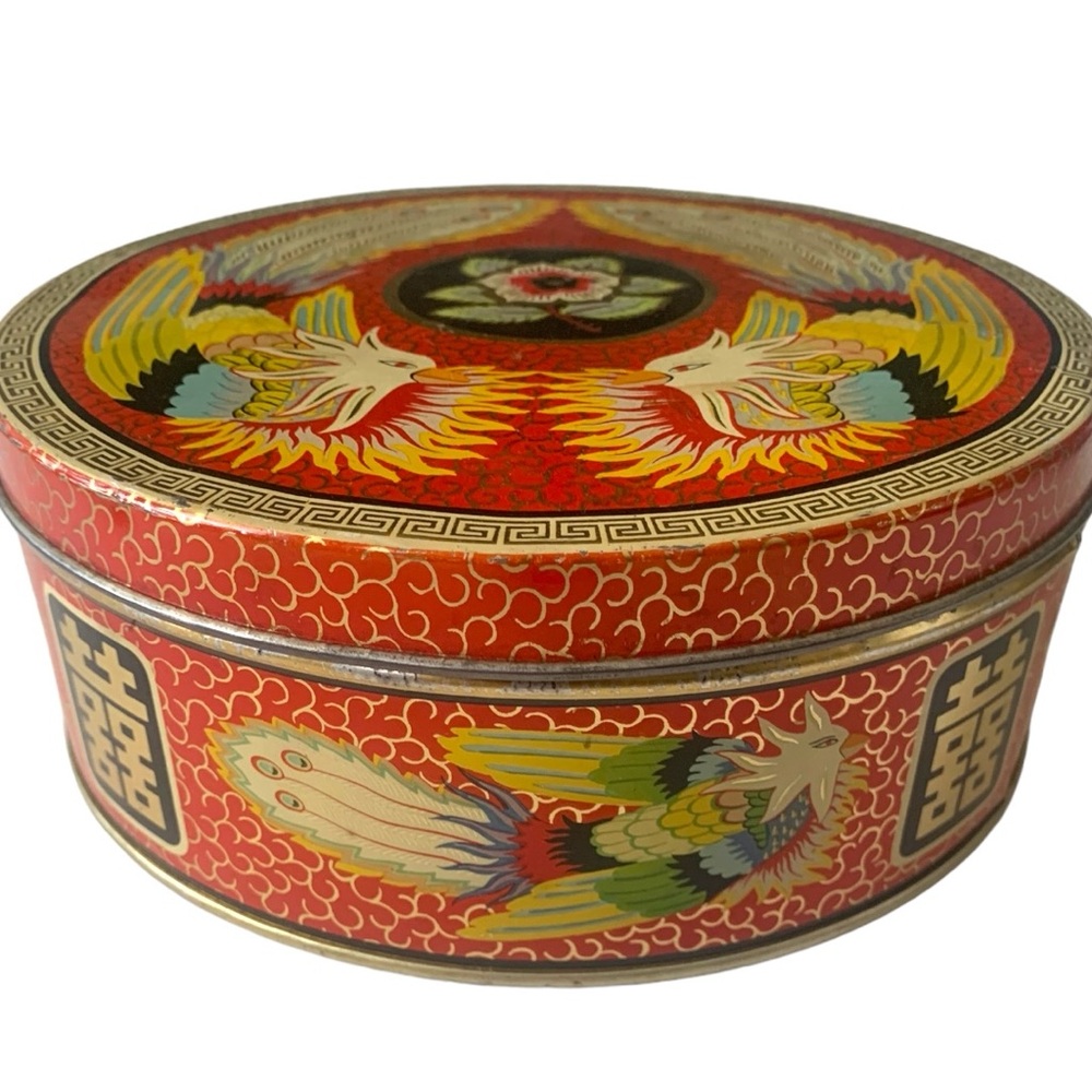 VTG England Asian Bird Motif Phoenix Metal Biscuit Tin Collectible Canister